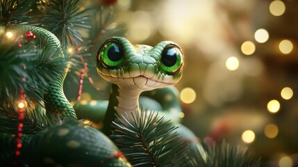 Sticker - Funny cute snake with big green eyes on festive background