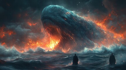 Wall Mural - A fiery, mythical sea monster emerges from the ocean with two figures gazing at the scene.