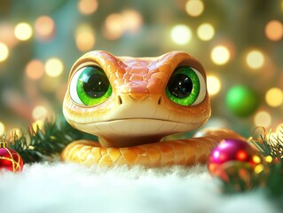 Wall Mural - Funny cute snake with big green eyes on new year background, 3D style