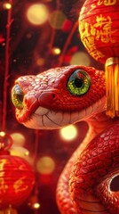 Wall Mural - Funny cute snake with big green eyes on new year background, chinese style