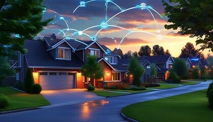 Wall Mural - Futuristic Suburban Smart Homes at Night with Interconnected Houses and Dynamic Data Network Illustrating IoT Community Concept