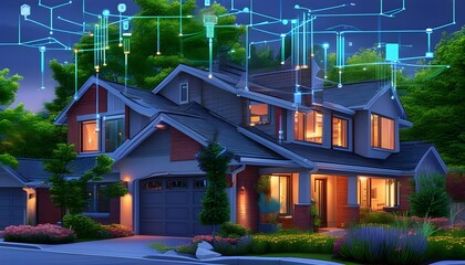 Wall Mural - Futuristic Suburban Smart Homes at Night with Interconnected Houses and Dynamic Data Network Illustrating IoT Community Concept