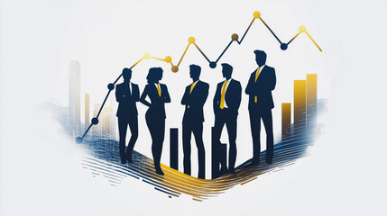 Abstract business team work stands on the peak of success amid tall, innovative Smart city and graphs with statistics to analyze business potential and predict future developments in company growth.