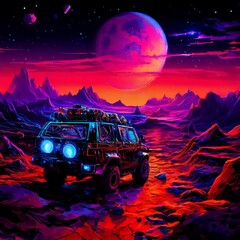 Wall Mural - A vibrant and surreal illustration of an off-road vehicle exploring the rugged terrain of an alien planet at sunset. The striking colors and imaginative scene evoke adventure and exploration, perfect