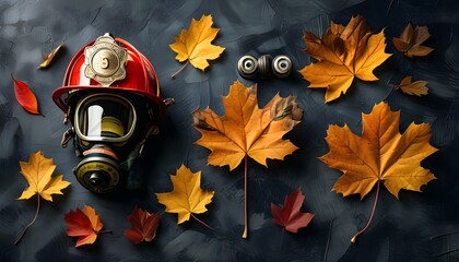 Vintage firefighting tribute with helmets and equipment surrounded by autumn leaves on a dark textured background for International Firefighters Day