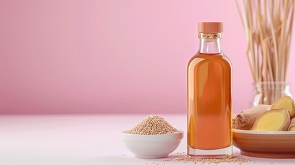 Wall Mural - Bottle of light golden teriyaki sauce with sesame and fresh ginger placed on a white surface with a pink background. Asian-inspired condiment for stir fry and marinades.