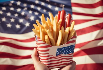 A hand holding a paper food container filled with french fries and a hot dog