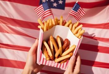 A hand holding a paper food container filled with french fries and a hot dog