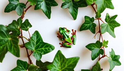 Wall Mural - Whimsical Leap Day Celebration with Playful Toy Frogs Amidst Lush Ivy Leaves on a Bright White Canvas