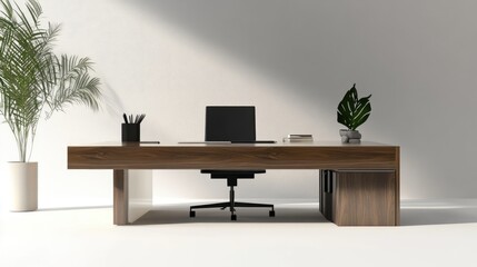 A modern desk with clean lines, made from sustainable wood, featuring a minimalist design