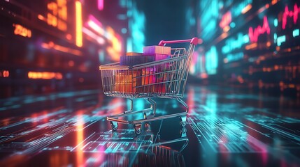 Shopping Cart on Neon Digital Cityscape, Online Shopping Concept