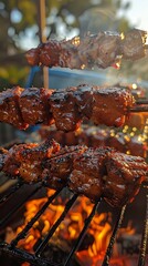 Wall Mural - Juicy meat skewers are being grilled over open flames, with a smoky ambiance, showcasing the deliciously glazed and perfectly charred pieces ready for a savory feast.