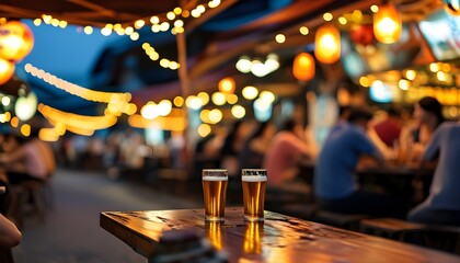 Wall Mural - Charming bokeh scene of a lively street bar in Asia, featuring friends enjoying dinner, music, and good times in a vibrant outdoor atmosphere