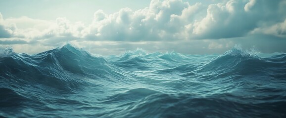 A wide shot of a turbulent sea with large waves and a cloudy sky.