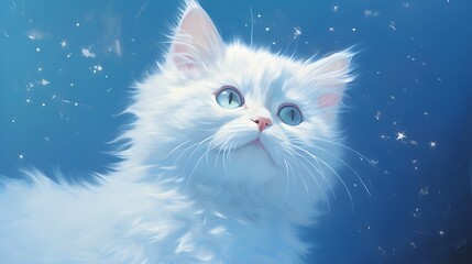 white cat with eyes on blue background.