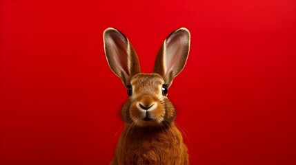 Wall Mural - brown rabbit on a red background.