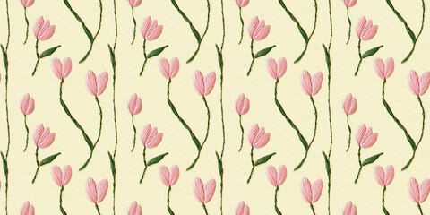 seamless minimalistic embroidery pattern of soft pink tulips, each with three pink petals and a few leaves, on a plain light yellow fabric