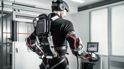 In a modern lab, an individual tests a cutting-edge exoskeleton suit equipped with robotic joints and glowing sensors, demonstrating innovative wearable technology