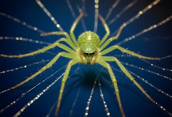 A green spider on a web with dew drops