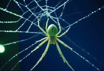 A green spider on a web with dew drops
