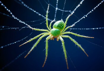 A green spider on a web with dew drops