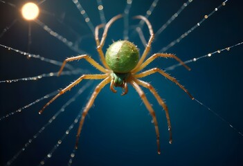 A green spider on a web with dew drops
