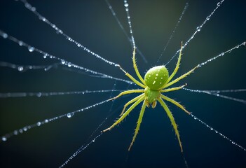 A green spider on a web with dew drops
