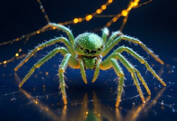A green spider on a web with dew drops