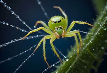 A green spider on a web with dew drops