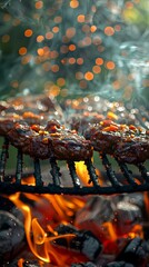 Wall Mural - Close-up of juicy, marinated steaks sizzling on a hot grill, with flames and smoke rising, creating an appetizing and mouth-watering scene, perfect for BBQ lovers.