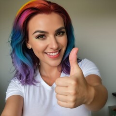 The photo of a 3D-rendered woman with rainbow-colored hair and makeup is making thumbs up