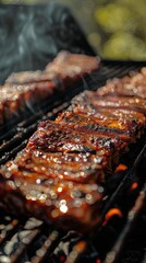 Wall Mural - A close-up shot of deliciously juicy ribs, perfectly grilled with a shiny, caramelized glaze, sizzling over a barbecue grill, creating a visually appetizing and mouthwatering scene.