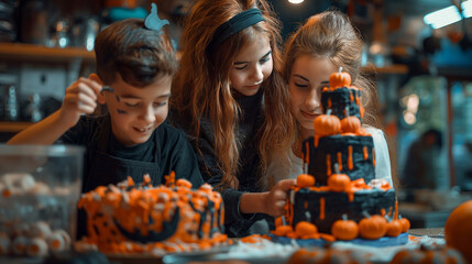 Halloween Cake Decorating Class, kids and parents decorating Halloween-themed cakes at a local bakery, Halloween, with copy space