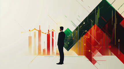 Abstract business man stands on the peak of success amid tall, innovative Smart city and graphs with statistics to analyze business potential and predict future developments in company growth.	