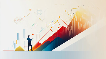 Abstract business man stands on the peak of success amid tall, innovative Smart city and graphs with statistics to analyze business potential and predict future developments in company growth.	