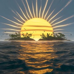 Wall Mural - Yellow Sun Set in The Middle of The Ocean