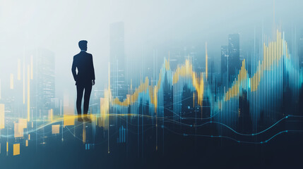 Abstract business man stands on the peak of success amid tall, innovative Smart city and graphs with statistics to analyze business potential and predict future developments in company growth.	