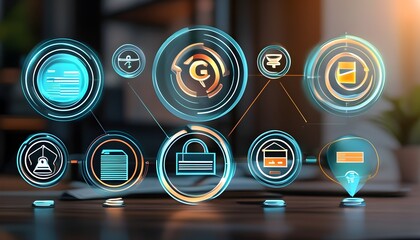 Poster - Futuristic digital icons embodying governance, risk, compliance, legal scales, and technologys impact on contemporary corporate management