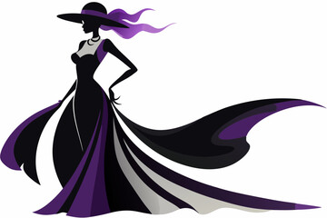 Wall Mural - A woman in Black Purple Dress with Long Train Back. Luxury Fashion Model in Evening Shining Glitter Gown and Elegant Hat. Glamour Lady Silhouette over isolated Studio White Background. Glamorous woman