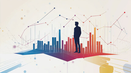 Abstract business man stands on the peak of success amid tall, innovative Smart city and graphs with statistics to analyze business potential and predict future developments in company growth.	