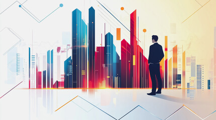 Abstract business man stands on the peak of success amid tall, innovative Smart city and graphs with statistics to analyze business potential and predict future developments in company growth.	