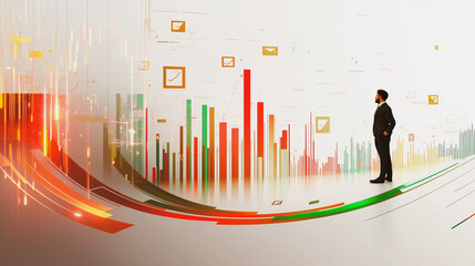 Abstract business man stands on the peak of success amid tall, innovative Smart city and graphs with statistics to analyze business potential and predict future developments in company growth.	