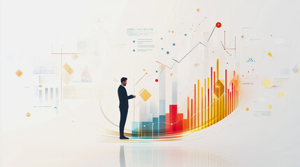 Abstract business man stands on the peak of success amid tall, innovative Smart city and graphs with statistics to analyze business potential and predict future developments in company growth.	