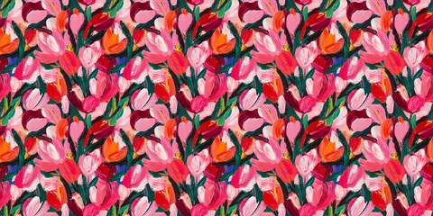 Wall Mural - an abstract painting pattern of tulips in a style reminiscent of fauvism or early modernism