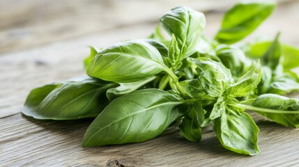 a bunch of basil leaves herb on a wooden surface