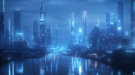 Sticker - Futuristic city skyline with glowing neon lights reflecting in the water, abstract futuristic architecture, neon city