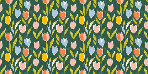 a simple risograph print pattern of an abstract illustration depicting tulips on a green background