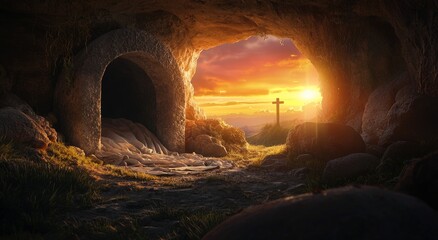 Wall Mural - A Sunrise Scene Of Jesus' Resurrection, The Tomb Empty With The Shroud, And His Crucifixion