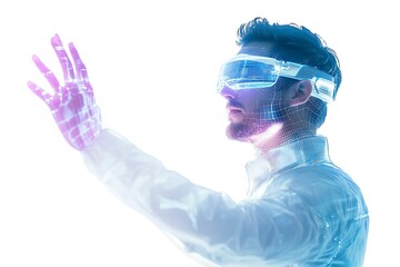 Poster - Man wearing VR headset interacting with virtual reality. Metaverse, digital future, innovation concept.