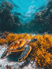 Wall Mural - Sea Turtle Swimming Through Yellow Coral and Mangrove Roots